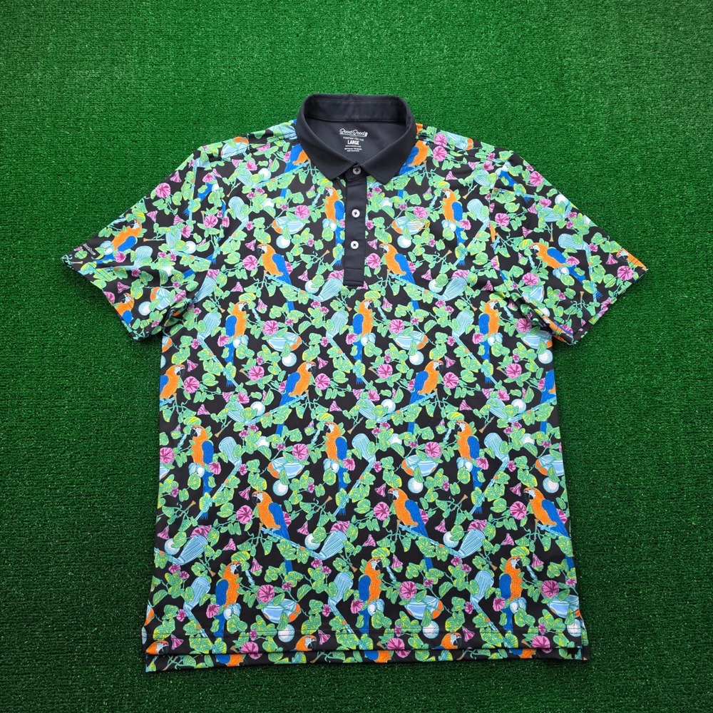Good Good Golf Performance Polo Shirt Mens Large Tropical Parrot All Over Print
